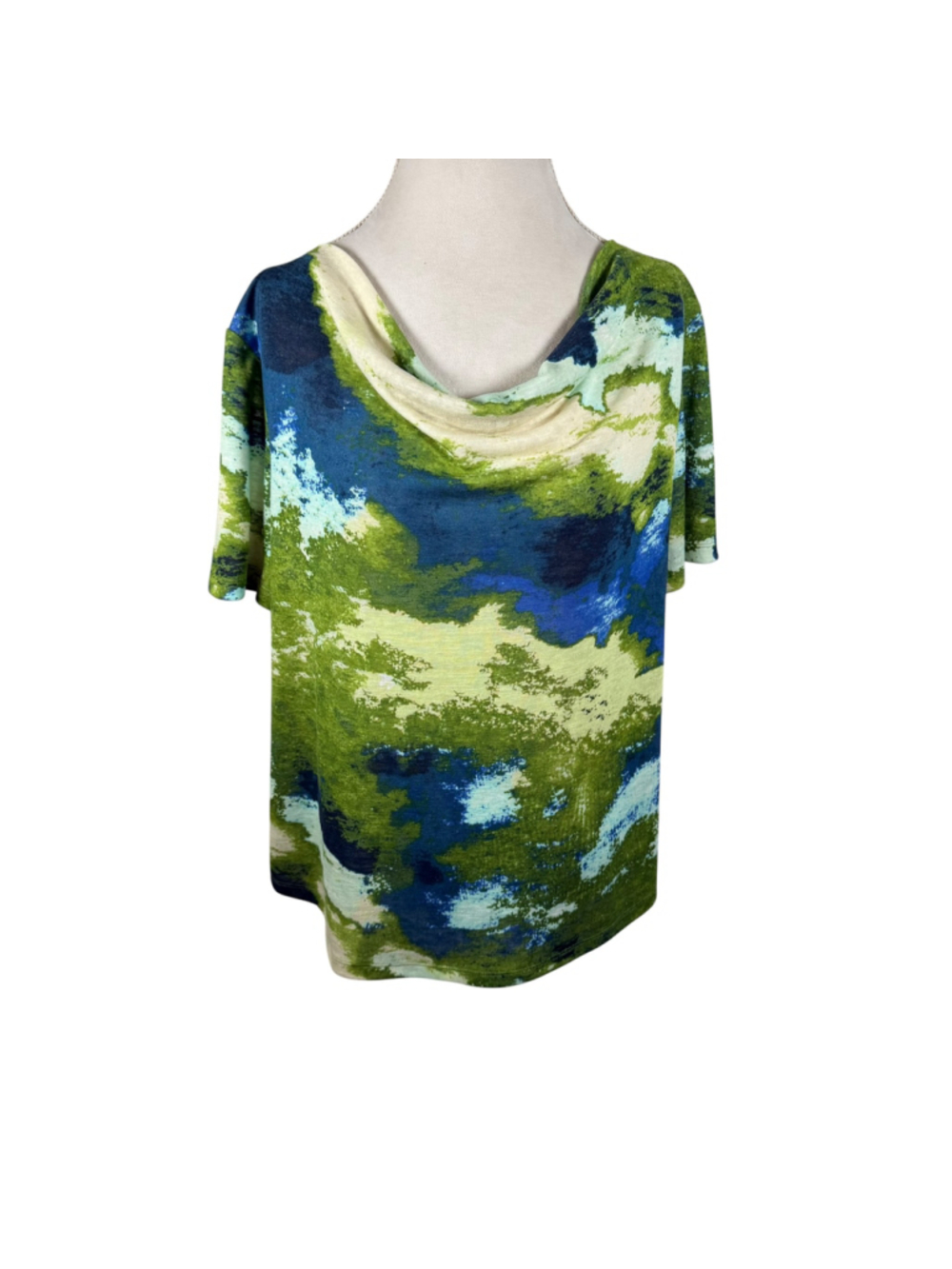 Chico's Watercolor Abstract Blouse Women's Size 3 = XL Green Blue Cowl Neck Top - Picture 2 of 8